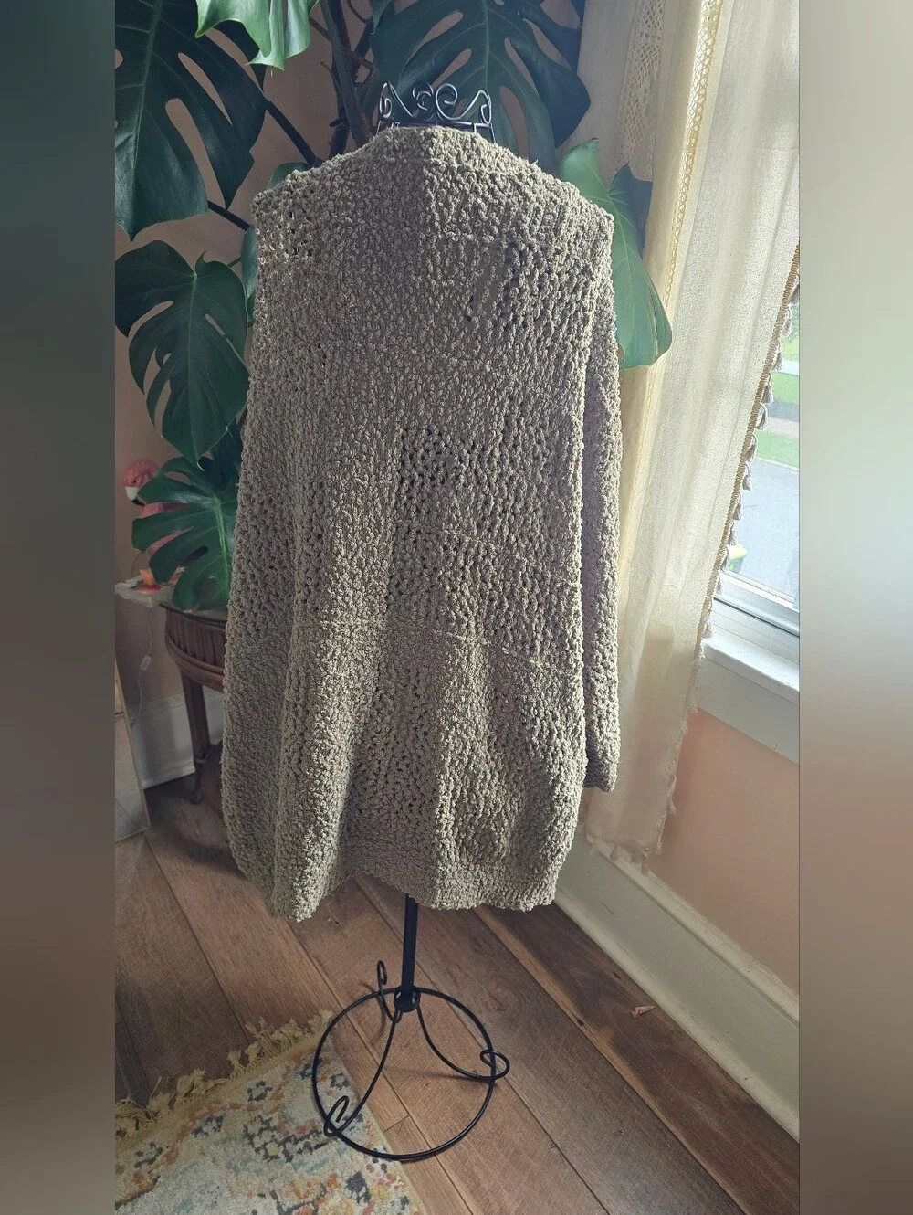 Boutique Olive Green Chunky Popcorn Knit Cocoon Cardigan Lantern Sleeve XL